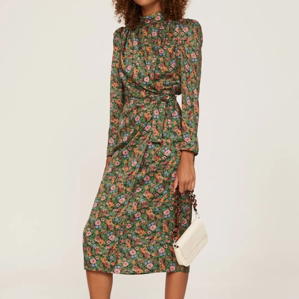 SANDRO Lueur Green Floral Midi Dress, Size S